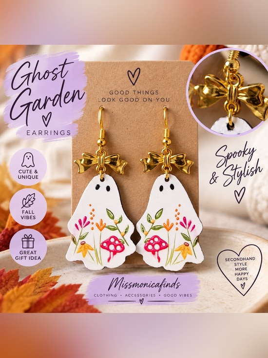 Jewelry - Ghost Mushroom Floral Bow Dangle Earrings Halloween Whimsical